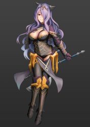Rule 34 | 1girl, armor, armored boots, axe, black armor, black footwear, black panties, boots, breasts, bustier, camilla (fire emblem), capelet, cleavage, fire emblem, fire emblem fates, full body, gradient background, grey background, hair over one eye, hand on own chest, large breasts, lips, long hair, nintendo, panties, purple eyes, purple hair, reverse grip, shoron, smile, solo, thigh boots, thighhighs, thighs, tiara, underwear, vambraces, very long hair, wavy hair, weapon
