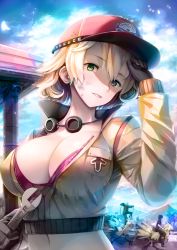 Rule 34 | 10s, 1girl, 2boys, baseball cap, blonde hair, blurry, bra, breasts, chocobo, cidney aurum, cleavage, cropped jacket, day, depth of field, final fantasy, final fantasy xv, gladiolus amicitia, goggles, goggles around neck, green eyes, hat, highres, huge breasts, ignis scientia, lips, looking at viewer, midriff, multiple boys, noctis lucis caelum, outdoors, parted lips, prompto argentum, purple bra, short hair, smile, tranquillianusmajor, underwear, upper body