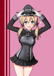 Rule 34 | 10s, 1girl, anchor hair ornament, aqua eyes, black skirt, blonde hair, breasts, epaulettes, gloves, hair ornament, hat, heart, highres, kantai collection, large breasts, long sleeves, looking at viewer, low twintails, military hat, miniskirt, mono (mono60), open mouth, pink background, prinz eugen (kancolle), skirt, solo, thigh gap, twintails, white gloves