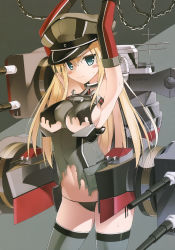Rule 34 | 10s, 1girl, armpits, arms up, bismarck (kancolle), black panties, blonde hair, blue eyes, blush, breasts, chain, cowboy shot, grey thighhighs, hat, highres, kantai collection, long hair, looking at viewer, machinery, navel, ohta yuichi, panties, peaked cap, restrained, scan, solo, thighhighs, torn clothes, underwear