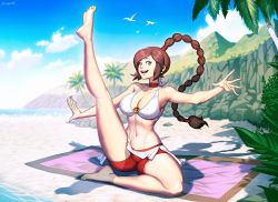 Rule 34 | 1girl, avatar: the last airbender, avatar legends, barefoot, beach, beach towel, bikini, bikini top only, birds, braid, breasts, brown hair, choker, covered erect nipples, genzoman, green eyes, grey eyes, large breasts, leg up, midriff, navel, outstretched arms, ponytail, sand, short shorts, shorts, sky, smile, solo, swimsuit, toned, towel, ty lee