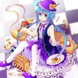 Rule 34 | 1girl, :d, aoki lapis, blue eyes, blue hair, cookie, food, from above, gyaza, hat, long hair, looking at viewer, matching hair/eyes, open mouth, pantyhose, shoes, sitting, smile, solo, twintails, vocaloid, white pantyhose