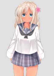 Rule 34 | 10s, 1girl, absurdres, alternate costume, blonde hair, blue eyes, commentary request, flower, go-1, grey background, hair flower, hair ornament, highres, kantai collection, long hair, looking at viewer, neckerchief, plaid, plaid skirt, pleated skirt, revision, ro-500 (kancolle), school uniform, serafuku, skirt, smile, solo, tan