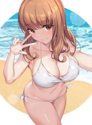 Rule 34 | 1girl, armpits, bare arms, bare shoulders, beach, bikini, breasts, brown eyes, brown hair, cleavage, closed mouth, collarbone, commentary request, cowboy shot, girls und panzer, halterneck, hand up, highres, icomochi, large breasts, long hair, looking at viewer, navel, selfie, side-tie bikini bottom, smile, solo, stomach, string bikini, swimsuit, takebe saori, thighs, w, water, wet, white bikini
