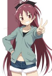 1girl black_bow black_undershirt blush bow breasts collarbone commentary_request cowboy_shot denim denim_shorts fur-trimmed_shorts fur_trim grin hair_bow hand_on_own_hip highres long_hair looking_at_viewer mahou_shoujo_madoka_magica mahou_shoujo_madoka_magica_(anime) nagare_(flow) navel partially_unzipped ponytail red_eyes red_hair sakura_kyoko shorts simple_background small_breasts smile solo striped_background twitter_username v zipper_pull_tab