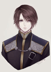 Rule 34 | 1boy, black jacket, blue eyes, brown hair, chain, commentary request, cropped shoulders, dated, expressionless, final fantasy, final fantasy viii, grey background, high collar, hiryuu (kana h), jacket, looking at viewer, male focus, military uniform, official alternate costume, scar, scar on face, seed uniform (ff8), short hair, signature, simple background, solo, squall leonhart, uniform, upper body