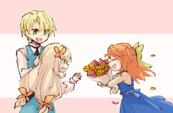 1boy 2girls alfred_(fire_emblem) alonemistrist blonde_hair bouquet celine_(fire_emblem) dress etie_(fire_emblem) falling_petals fire_emblem fire_emblem_engage flower green_eyes holding holding_bouquet multiple_girls nintendo orange_hair petals upper_body