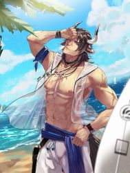 Rule 34 | 1boy, abs, absurdres, animal ears, arknights, bare pectorals, beach, brown eyes, brown hair, bulge, cow boy, cow ears, cow horns, cowboy shot, day, earrings, gengetsu (14255909), head tilt, highres, horns, jewelry, large pectorals, looking at viewer, male focus, male swimwear, matterhorn (arknights), matterhorn (beach guard) (arknights), medium hair, muscular, muscular male, navel, necklace, nipples, official alternate costume, outdoors, pectorals, see-through, shorts, solo, stomach, surfboard, swim trunks, swimsuit, tooth necklace, wet, wet clothes, white male swimwear, white shorts, white swim trunks