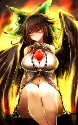 Rule 34 | 1girl, bird wings, black wings, bow, breasts, brown hair, cleavage, collared shirt, dress shirt, feet out of frame, fiery background, fire, frilled skirt, frills, green bow, green skirt, hair bow, highres, large breasts, legs together, long hair, looking at viewer, midriff peek, navel, raptor7, red eyes, reiuji utsuho, shirt, sidelocks, sitting, skirt, sleeveless, sleeveless shirt, smile, solo, thighs, third eye, touhou, white shirt, wings