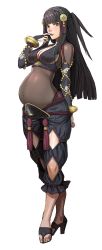 Rule 34 | 1girl, black hair, breasts, cleavage, fire emblem, fire emblem heroes, full body, highres, large breasts, long hair, navel, nintendo, pregnant, rhajat (fire emblem), solo, standing, third-party edit, transparent background