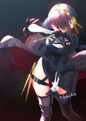 1girl 2b_(nier:automata) 2b_(nier:automata)_(cosplay) \||/ arm_up artist_name black_background black_dress black_footwear black_gloves black_hair black_thighhighs boots breasts cleavage cleavage_cutout clothing_cutout cosplay covering_own_mouth dress elbow_gloves feather-trimmed_sleeves feet_out_of_frame flower gloves gold_hairband hair_flower hair_ornament hairband hairpin highres large_breasts looking_at_viewer multiple_hairpins nier_(series) red_background red_eyes short_hair_with_long_locks side_slit solo spy_x_family sydus thigh_boots thigh_strap thighhighs thighhighs_under_boots three-quarter_sleeves twitter_username two-tone_background two-tone_gloves white_gloves yellow_flower yor_briar