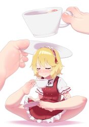 Rule 34 | 1girl, bare legs, blonde hair, blush, closed eyes, closed mouth, clothes lift, cup, dress, dress lift, feet, female focus, foot focus, idolmaster, idolmaster cinderella girls, lifted by self, maid headdress, maidforge, nose blush, plate, red dress, sakurai momoka, short hair, short sleeves, simple background, sitting, smile, soles, solo, spread legs, teacup, thighs, toe hold, toenails, toes, white background