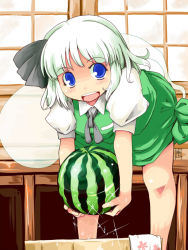 Rule 34 | 1girl, blue eyes, blush, bucket, female focus, food, fruit, hair ribbon, holding, holding food, holding fruit, kanoe soushi, konpaku youmu, konpaku youmu (ghost), leaning forward, looking at viewer, open mouth, ribbon, short hair, solo, touhou, water, watermelon, white hair