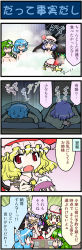 Rule 34 | 4girls, 4koma, artist self-insert, ascot, bat wings, blonde hair, blue eyes, blue hair, bow, bowl, breasts, censored, chopsticks, comic, commentary, convenient censoring, cup, detached sleeves, dress, eating, fangs, fish bone, flandre scarlet, food, food on face, frog, gradient background, green hair, hair ornament, hat, highres, kochiya sanae, large breasts, long hair, mizuki hitoshi, multiple girls, nude, open mouth, rain, real life insert, red eyes, remilia scarlet, revision, rice, rice bowl, rice on face, short hair, side ponytail, snake, steam, steam censor, sweat, tatara kogasa, touhou, translation request, wings, yunomi