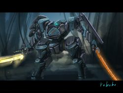 Rule 34 | blue eyes, bottoms1237, dual wielding, energy sword, glowing, glowing eye, highres, holding, holding sword, holding weapon, letterboxed, looking to the side, mecha, no humans, original, robot, science fiction, solo, standing, sword, weapon, wetland
