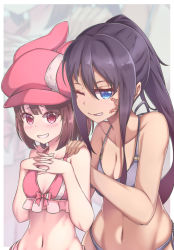Rule 34 | 2girls, absurdres, animal ears, animal hat, bare arms, bare shoulders, bikini, blue eyes, blush, bow, bow bikini, breasts, brown hair, cleavage, collarbone, commentary, facial tattoo, hair between eyes, hand on another&#039;s shoulder, hands on own chest, hat, highres, interlocked fingers, llenn (sao), long hair, looking at viewer, medium breasts, multiple girls, navel, one eye closed, parted lips, pink bikini, pink bow, pink hat, pitohui (sao), ponytail, purple bikini, purple hair, rabbit ears, rabbit hat, red eyes, sidelocks, small breasts, swimsuit, sword art online, sword art online alternative: gun gale online, tattoo, very long hair, zongren, zoom layer