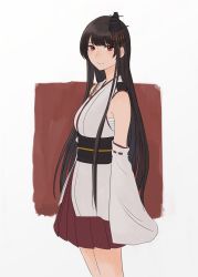 Rule 34 | 1girl, absurdres, bare shoulders, black hair, chitosan, cowboy shot, detached sleeves, epaulettes, from side, fusou (kancolle), hair ornament, highres, kantai collection, long hair, looking at viewer, nontraditional miko, red eyes, sarashi, smile, solo, wide sleeves