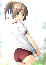 Rule 34 | 1girl, ass, blurry, blurry background, blush, brown hair, buruma, closed mouth, clothes pull, commentary request, day, depth of field, from behind, green eyes, gym shirt, gym uniform, hair between eyes, hair ribbon, highres, looking at viewer, looking back, original, outdoors, ponytail, puffy short sleeves, puffy sleeves, red buruma, ribbon, shibacha, shirt, shirt pull, short sleeves, smile, solo, white shirt, yellow ribbon
