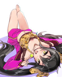 Rule 34 | 10s, 1girl, :d, bare shoulders, barefoot, black hair, blush, breasts, candy, cleavage, downblouse, food, from behind, hand up, heart, heart necklace, holding, holding food, idolmaster, idolmaster cinderella girls, jacket, jewelry, kawaty, lollipop, long hair, long sleeves, looking at viewer, looking back, lying, matoba risa, midriff peek, navel, necklace, off shoulder, on back, open clothes, open jacket, open mouth, outstretched arm, pendant, pink jacket, saliva, saliva trail, shirt, simple background, sleeveless, sleeveless shirt, small breasts, smile, solo, stomach, tank top, toes, twintails, unzipped, upside-down, very long hair, white background, yellow eyes