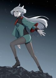 Rule 34 | 1girl, arm at side, asticassia school uniform, bad perspective, black footwear, black pantyhose, determined, floating hair, from side, full body, gradient background, grey eyes, gundam, gundam suisei no majo, hair flaps, heel up, highres, knees up, layered sleeves, legs, long hair, looking up, miorine rembran, mo suma, night, night sky, outstretched arm, pantyhose, pantyhose under shorts, school uniform, shorts, sky, standing, star (sky), starry sky, white hair, wide sleeves