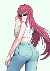 Rule 34 | 1girl, absurdres, adjusting eyewear, ass, blue pants, breasts, casual, curvy, denim, fate/grand order, fate (series), from behind, hair between eyes, highres, jeans, large breasts, long hair, looking at viewer, looking back, midriff, nail polish, pants, parted lips, purple hair, red eyes, scathach (fate), shirt, sidelocks, simple background, solo, sunglasses, thighs, very long hair, white shirt, wide hips, xiao gen