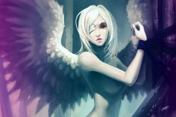 Rule 34 | 10s, 1girl, 2010, absurdres, angel wings, breasts, chenbo, eyepatch, highres, looking at viewer, nipples, nude, original, parted lips, purple eyes, restrained, runes, signature, solo, white hair, wings