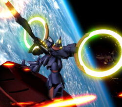 Rule 34 | adrastea-class battleship, cloud, commentary request, earth (planet), energy, energy cannon, firing, glowing, gundam, hiropon (tasogare no puu), in orbit, light, mecha, mobile suit, no humans, ocean, planet, robot, science fiction, space, spacecraft, sparks, victory gundam, water, when you see it, zanneck, zanscare