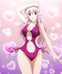 Rule 34 | 10s, 1girl, blush, breasts, cleavage, headphones, heart, highres, long hair, nitroplus, pink eyes, pink hair, screencap, solo, soniani, stitched, super sonico, swimsuit, third-party edit