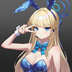 Rule 34 | 1girl, animal ears, blonde hair, blue archive, blue bow, blue bowtie, blue hair, blue halo, blue leotard, bow, bowtie, braid, breasts, cleavage, collar, detached collar, fake animal ears, french braid, halo, headpiece, kelinch1, leotard, looking at viewer, medium breasts, multicolored hair, official alternate costume, rabbit ears, solo, strapless, strapless leotard, streaked hair, toki (blue archive), toki (bunny) (blue archive), v over eye, white collar, white wrist cuffs, wrist cuffs