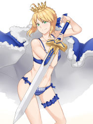 Rule 34 | 1girl, ahoge, artoria pendragon (all), artoria pendragon (fate), blonde hair, blue bow, blue bra, blue cape, blue nails, blue panties, bow, bra, cape, collarbone, crown, excalibur (fate/stay night), fate/stay night, fate (series), floating hair, fur trim, green eyes, groin, hair between eyes, hair bow, highres, holding, holding sword, holding weapon, looking at viewer, nail polish, navel, official alternate costume, panties, saber (fate), saruno (eyesonly712), short hair, simple background, smile, solo, standing, striped bra, striped clothes, striped panties, sword, thigh strap, underwear, underwear only, vertical-striped bra, vertical-striped clothes, weapon, white background