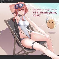 Rule 34 | 1girl, arm strap, azur lane, bare shoulders, beach, birmingham (azur lane), birmingham (to where the wind blows) (azur lane), breasts, character name, english text, goggles, goggles on head, hebitsukai-san, manjuu (azur lane), medium breasts, medium hair, official alternate costume, one-piece swimsuit, red eyes, red hair, sand, short hair with long locks, swimsuit, thigh strap, thighs