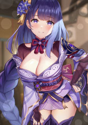 Rule 34 | 1girl, braid, breasts, bridal gauntlets, cleavage, eric (tianqijiang), genshin impact, grin, hair ornament, highres, japanese clothes, kimono, large breasts, long hair, long sleeves, looking at viewer, low-braided long hair, low-tied long hair, mole, mole under eye, obi, off shoulder, purple eyes, purple hair, purple kimono, purple thighhighs, raiden shogun, sash, shrug (clothing), smile, solo, thighhighs, thighs, very long hair, wide sleeves