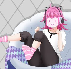 Rule 34 | 1girl, animal ear headphones, animal ears, animal print, artist name, artist request, black bow, black pants, blunt bangs, blush, bow, breasts, buttons, cat ear headphones, cat print, chair, collarbone, emotive signals (love live!), fake animal ears, female focus, flat chest, full body, grey background, head-mounted display, headphones, highres, knees up, leg up, looking at viewer, love live!, love live! nijigasaki high school idol club, love live! school idol festival, love live! school idol festival all stars, mask, no shoes, on chair, pants, parted lips, paw pose, pink hair, puffy short sleeves, puffy sleeves, screen, shirt, short hair, short sleeves, sitting, small breasts, smile, socks, solo, tennoji rina, white shirt