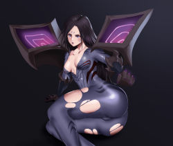 Rule 34 | 1girl, absurdres, arm support, asia maru, ass, black hair, bodysuit, breasts, clenched hand, collarbone, commentary request, facial mark, gauntlets, highres, kai&#039;sa, league of legends, lips, lipstick, long sleeves, makeup, medium breasts, open mouth, parted bangs, purple eyes, shiny clothes, shiny skin, simple background, skin tight, solo, tears, torn bodysuit, torn clothes
