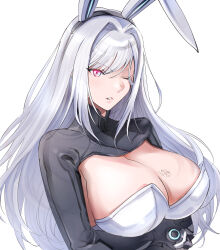 Rule 34 | 1girl, absurdres, animal ears, breast hold, breast tattoo, breasts, cleavage, cleavage cutout, clothing cutout, ethel (xenoblade), glowing, glowing eye, grey hair, highres, large breasts, long hair, one eye closed, rabbit ears, tattoo, ug333333, white background, xenoblade chronicles (series), xenoblade chronicles 3