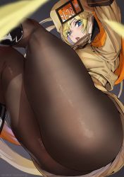 Rule 34 | 1girl, artist name, ashiomi masato, ass, ass focus, black footwear, blonde hair, blue eyes, boots, breasts, commentary request, female focus, fur hat, grey background, guilty gear, guilty gear strive, hat, highres, long sleeves, looking at viewer, medium breasts, millia rage, open mouth, pantyhose, shiny clothes, signature, simple background, solo, thick thighs, thighs, ushanka, watermark