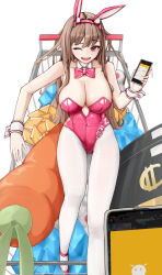 Rule 34 | 1girl, absurdres, animal ears, bare shoulders, bow, bowtie, breasts, cellphone, cleavage, covered navel, detached collar, fake animal ears, fake tail, goddess of victory: nikke, highleg, highleg leotard, highres, holding, holding phone, horns, in shopping cart, kiryhood, large breasts, leotard, light brown hair, long hair, official alternate costume, one eye closed, pantyhose, phone, pink bow, pink bowtie, pink horns, pink leotard, playboy bunny, rabbit ears, rabbit tail, red eyes, shopping cart, sitting, smartphone, solo, strapless, strapless leotard, tail, viper (nikke), viper (toxic rabbit) (nikke), white background, white pantyhose, wrist cuffs