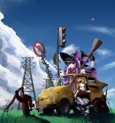 Rule 34 | 3girls, apron, black dress, blonde hair, blue sky, book, book stack, bow, braid, broom, car, cloud, coat, day, dress, fiat 500, flying sweatdrops, gohei, grass, hair bow, hakurei reimu, hand pump, hat, hat bow, headwear switch, highres, kirisame marisa, lantern, motor vehicle, multiple girls, open book, open clothes, open coat, outdoors, overgrown, patchouli knowledge, power lines, purple dress, purple hair, reading, red dress, red eyes, road sign, ryouryou, sign, single braid, sitting, sky, striped clothes, striped dress, touhou, traffic light, transmission tower, vehicle, vehicle focus, waist apron, water pump, witch hat