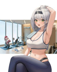 Rule 34 | 3girls, absurdres, arm up, armpits, bicycle trainer, blue hair, blue pants, blue shorts, border, breasts, crossed legs, dong ji, dumbbell, green eyes, gym, hairband, highres, hololive, houshou marine, indoors, large breasts, lying, multiple girls, navel, on back, open mouth, pants, red hair, red pants, red sports bra, shirogane noel, shirt, short hair, shorts, silver hair, sports bra, sweat, towel, towel on one shoulder, usada pekora, virtual youtuber, white border, white shirt, white sports bra, window, wooden floor, yoga pants