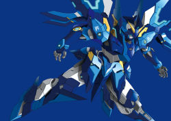 Rule 34 | blue background, blue eyes, flying, inegra, looking down, mecha, mechanical wings, no humans, open hands, original, robot, v-fin, wings