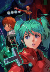 Rule 34 | 1girl, 2boys, amuro ray, axis (gundam), blonde hair, blue eyes, blue hair, brown hair, cape, char&#039;s counterattack, char aznable, glowing, glowing eye, gundam, hair behind ear, hungry clicker, mecha, military, military uniform, multiple boys, one-eyed, outstretched arm, parted lips, pilot suit, psycho frame, quess paraya, robot, sazabi, science fiction, twintails, uneven twintails, uniform, white cape, zeon