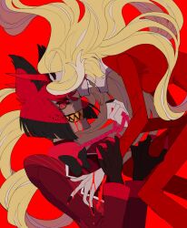 Rule 34 | 1boy, 1girl, alastor (hazbin hotel), arm grab, black hair, bleeding, blonde hair, blood, blood from mouth, chain, charlie morningstar, colored sclera, commentary request, demon girl, demon horns, evil smile, eye contact, formal, hazbin hotel, highres, holding, holding chain, horns, long hair, looking at another, multicolored hair, red background, red eyes, red hair, red sclera, sausupou, sharp teeth, short hair, smile, suit, teeth, upper body