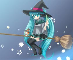 Rule 34 | 1girl, aqua eyes, aqua hair, bad id, bad pixiv id, black thighhighs, boots, broom, broom riding, character doll, doll, eko, flying, gradient background, hat, hatsune miku, kagamine rin, long hair, musical note, night, skirt, smile, solo, spring onion, star (symbol), starry background, thigh boots, thighhighs, twintails, very long hair, vocaloid, witch, witch hat