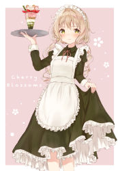 Rule 34 | 1girl, absurdres, apron, blonde hair, cherry blossoms, dress, green eyes, highres, long hair, maid, maid apron, maid headdress, original, parfait, pinafore dress, potate, simple background, sleeveless dress, solo, twintails