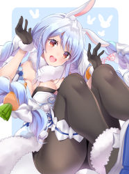 Rule 34 | 1girl, :d, akatsuki hijiri, animal ear fluff, animal ears, arm up, bare shoulders, black gloves, black leotard, black pantyhose, blue background, blue hair, blush, bow, braid, breasts, carrot hair ornament, cleavage, commentary request, detached sleeves, don-chan (usada pekora), dress, food-themed hair ornament, fur-trimmed dress, fur-trimmed gloves, fur trim, gloves, hair bow, hair ornament, hand up, head tilt, hololive, leotard, long hair, medium breasts, multicolored hair, open mouth, pantyhose, puffy short sleeves, puffy sleeves, rabbit ears, red eyes, shoe soles, shoes, short eyebrows, short sleeves, signature, smile, strapless, strapless dress, strapless leotard, teeth, thick eyebrows, twin braids, twintails, two-tone background, two-tone hair, upper teeth only, usada pekora, usada pekora (1st costume), very long hair, virtual youtuber, white background, white bow, white dress, white footwear, white hair, white sleeves