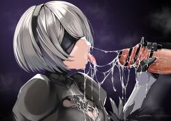 Rule 34 | 1boy, 1girl, 2b (nier:automata), after fellatio, bar censor, black background, black dress, black gloves, black hairband, blindfold, breasts, censored, cleavage cutout, clothed female nude male, clothing cutout, cum, cum in mouth, cum on body, cum on breasts, cum on tongue, cum on upper body, cum string, cumdrip, dress, female focus, from side, gloves, gradient background, grey hair, hairband, handjob, hetero, highres, kajimakoto, large breasts, large penis, nier:automata, nier (series), nude, open mouth, oral, penis, puffy sleeves, purple background, short hair, steam, testicles, tongue, tongue out, upper body