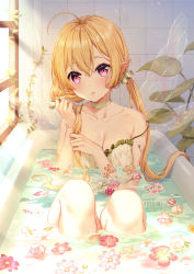 Rule 34 | 1girl, ahoge, artist name, bare shoulders, bathing, bathtub, blonde hair, blush, breasts, camisole, choker, cleavage, collarbone, day, fairy, fairy wings, flower, frills, hair flower, hair ornament, highres, indoors, knees up, large breasts, long hair, looking at viewer, low twintails, multiple wings, original, otona no moeoh, page number, parted lips, partially submerged, pink eyes, pink flower, plant, pointy ears, rose, rosuuri, sitting, smile, solo, strap slip, sunlight, tile wall, tiles, transparent wings, twintails, tying hair, water, wet, white choker, white flower, white rose, window, wings