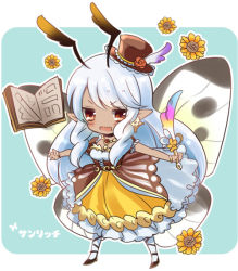 Rule 34 | 1girl, antennae, blush, book, bug, butterfly, character name, chibi, cross-laced footwear, dark-skinned female, dark skin, dress, fairy, feathers, flower, frilled dress, frills, hat, high heels, holding, hoshino (nia hoshino), insect, insect wings, jewelry, long hair, mini hat, mini top hat, moth wings, necklace, open mouth, orange eyes, pantyhose, pen, puffy short sleeves, puffy sleeves, puzzle &amp; dragons, short sleeves, smile, solo, sunflower, sunrich (p&amp;d), text focus, top hat, white hair, white pantyhose, wings