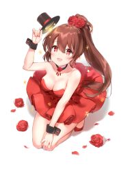 Rule 34 | 1girl, bare arms, bare legs, bare shoulders, black choker, black hat, blush, breasts, brown hair, choker, cleavage, collarbone, commission, copyright request, dress, flower, full body, hair between eyes, hair flower, hair ornament, hat, hat tip, heart, high ponytail, highres, holding, holding clothes, holding hat, kneeling, long hair, looking at viewer, marmoset (marmoset0), medium breasts, petals, ponytail, red dress, red eyes, red flower, red footwear, red rose, rose, rose petals, simple background, solo, sparkle, star (symbol), strapless, strapless dress, tareme, top hat, unworn hat, unworn headwear, very long hair, white background