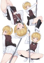 Rule 34 | 10s, 1girl, arm support, ass, bent over, between buttocks, black neckwear, black socks, blonde hair, blunt bangs, blush, bow, bow panties, bowtie, brown vest, closed mouth, clothes lift, crotch seam, cutlass (girls und panzer), dress shirt, embarrassed, from behind, girls und panzer, handkerchief, highres, kneehighs, leaning to the side, light frown, loafers, long sleeves, looking at viewer, looking back, maid headdress, miniskirt, multiple views, open mouth, panties, pantylines, parted lips, pink panties, pleated skirt, pole, pole dancing, shirt, shoes, short hair, simple background, skirt, skirt lift, skirt tug, socks, squatting, standing, stripper pole, sweatdrop, underwear, upside-down, vest, white background, white footwear, white shirt, white skirt, wing collar, yellow eyes, yoi naosuke